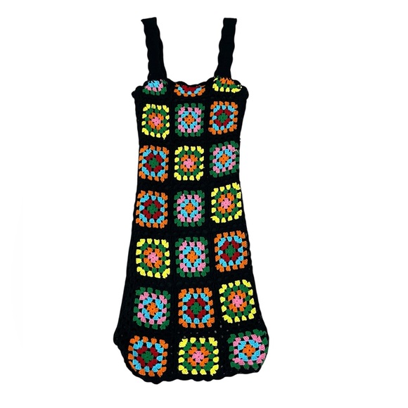 Emma & Posh Granny Square Black Mulicolor Afgan Crochet Boho Sheath Dress Small - Picture 2 of 7
